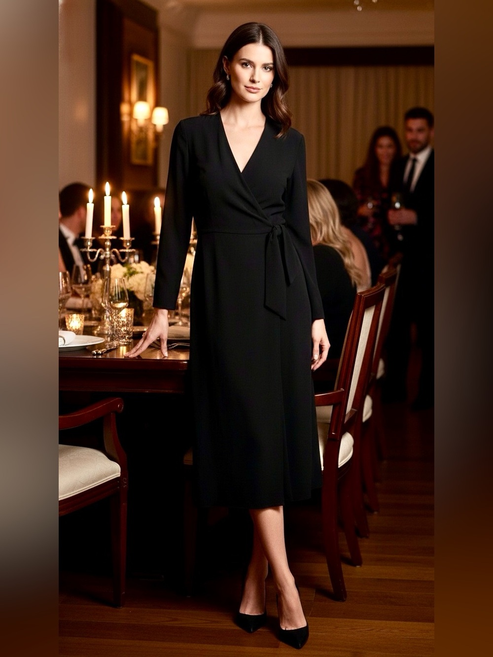 Jones New York Classic Black Faux Wrap Midi Dress - Elegant Women's Dress